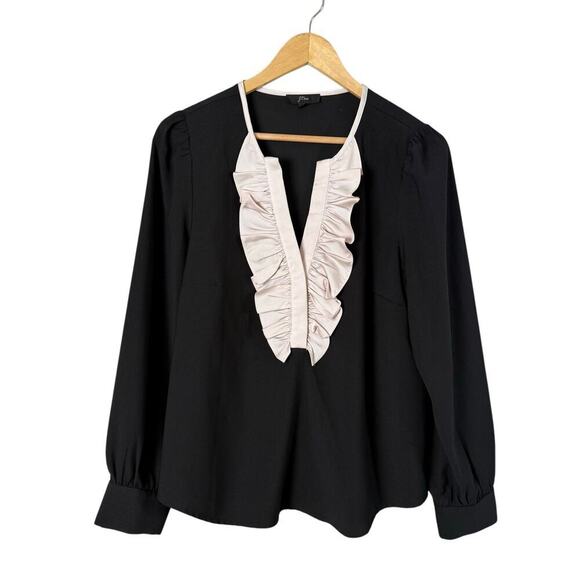 J.Crew Long-Sleeve Ruffle-Front Top‎ in Satin Crepe in Black and Cream, Medium - Picture 1 of 9